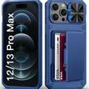 for iPhone 12 Pro Max & 13 Pro Max Case with Card Holder (4-5 Cards), Slide Camera Cover, Military Grade Drop, Rugged Heavy Duty Men Women Shockproof Phone Case for iPhone 12 Pro Max, Blue