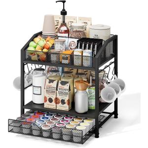 Coffee Bar Organizer - Countertop Coffee Station, 42 K Cup holder Storage Basket with Drawer and Hooks for Syrup, Cups, Stirrer, Condiment, Tea Organizer, Black