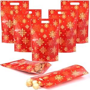 Shemilly 60pcs Christmas Treat Bags, Red Christmas Plastic Resealable Candy Gift Bag with Handle, Gold Snowflake Sealing Goodie Pouch for Xmas Winter Holiday Party Favors Decorations, 9X6inch