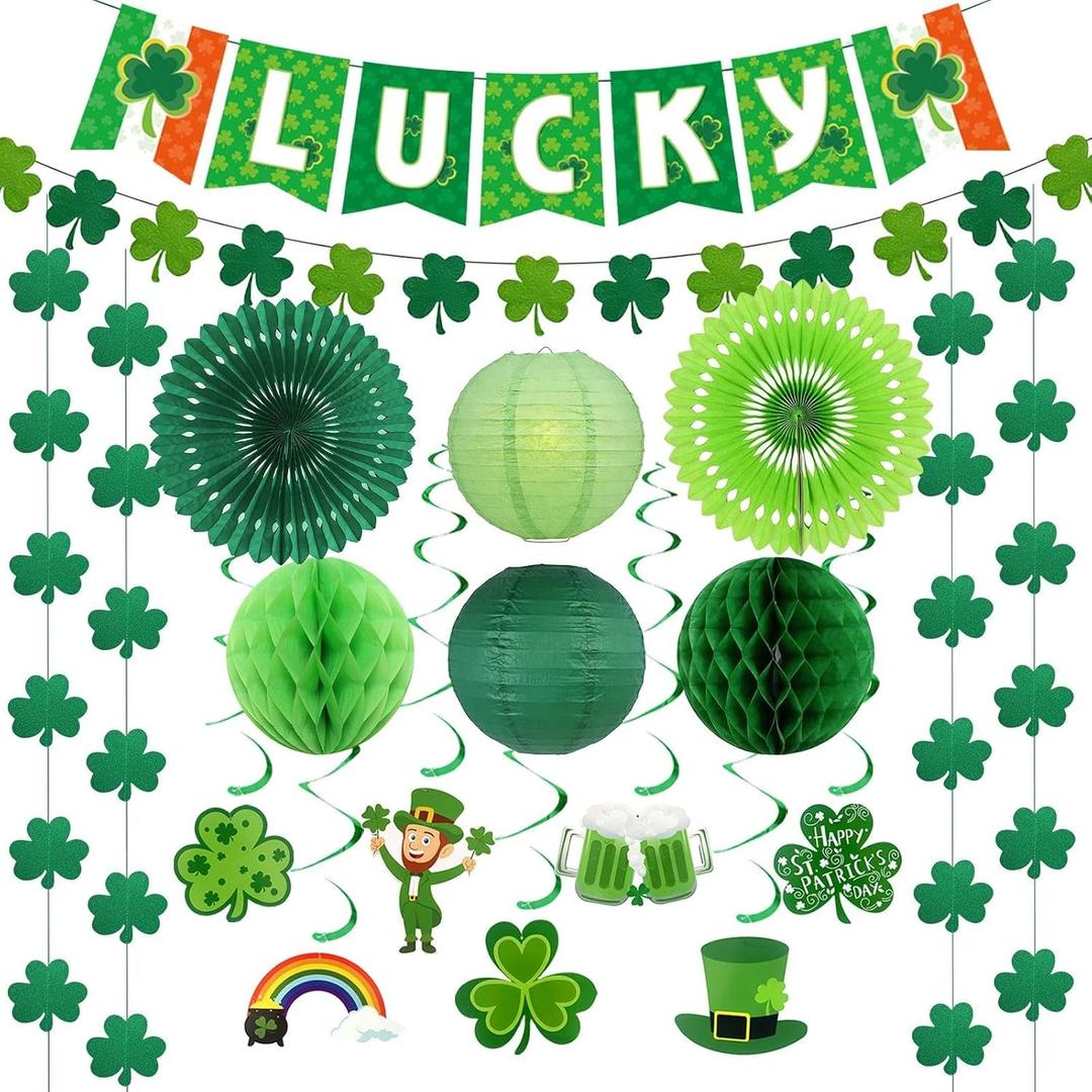 St. Patricks Day 20ct Party Decorations Supplies Kits, Green Shamrock Garland Banner with Hanging Swirls Paper Fans Lantern