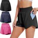 BALENNZ Women's Athletic Workout Shorts with Zipper Pockets Activewear Elastic Waist Gym Running Shorts, 3 pack, Size Small, Black, Navy, Hot Pink