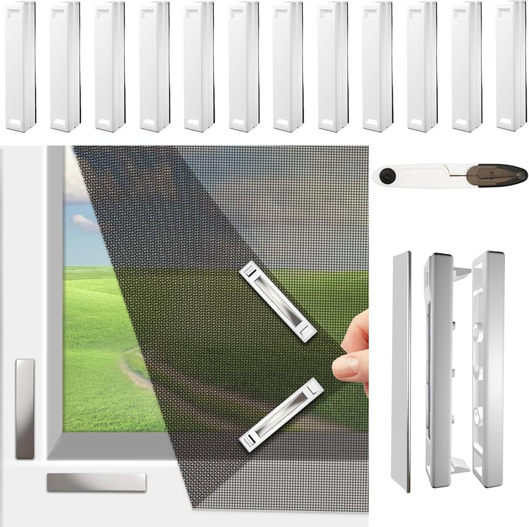 Magnetic Window Screen, Adjustable DIY Window Net Max 59 x 51 with Innovative Magnetic Fastener, Fiberglass Fine Mesh, Window Mesh with 12 Magnets, Mosquito Window Screens for House Windows