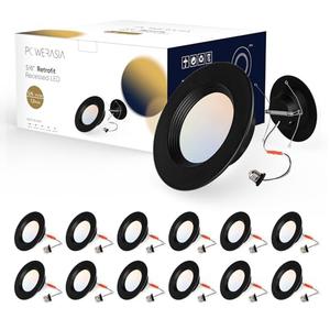 12 Pack 5/6 Inch Black LED Can Lights Retrofit Recessed Lighting, 5CCT 6 Inch Recessed Lights Selectable 2700K-6000K Dimmable, 12W=75W, 1200LM Downlight with Metal Smooth Trim-ETL and Energy Star