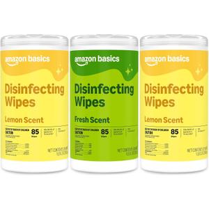 Amazon Basics Disinfecting Wipes, Lemon & Fresh Scent, Sanitizes/Cleans/Disinfects/Deodorizes, 255 Count (2 Packs Lemon, 1 Pack Fresh Scent)
