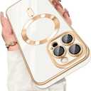 Dinick Designed for iPhone 14 Pro Case with Magnetic,Built-in Camera Cover, Compatible with MagSafe Soft TPU Glitter Cover Anti-Scratch Protective Slim for iPhone 14 Pro Case White and Gold