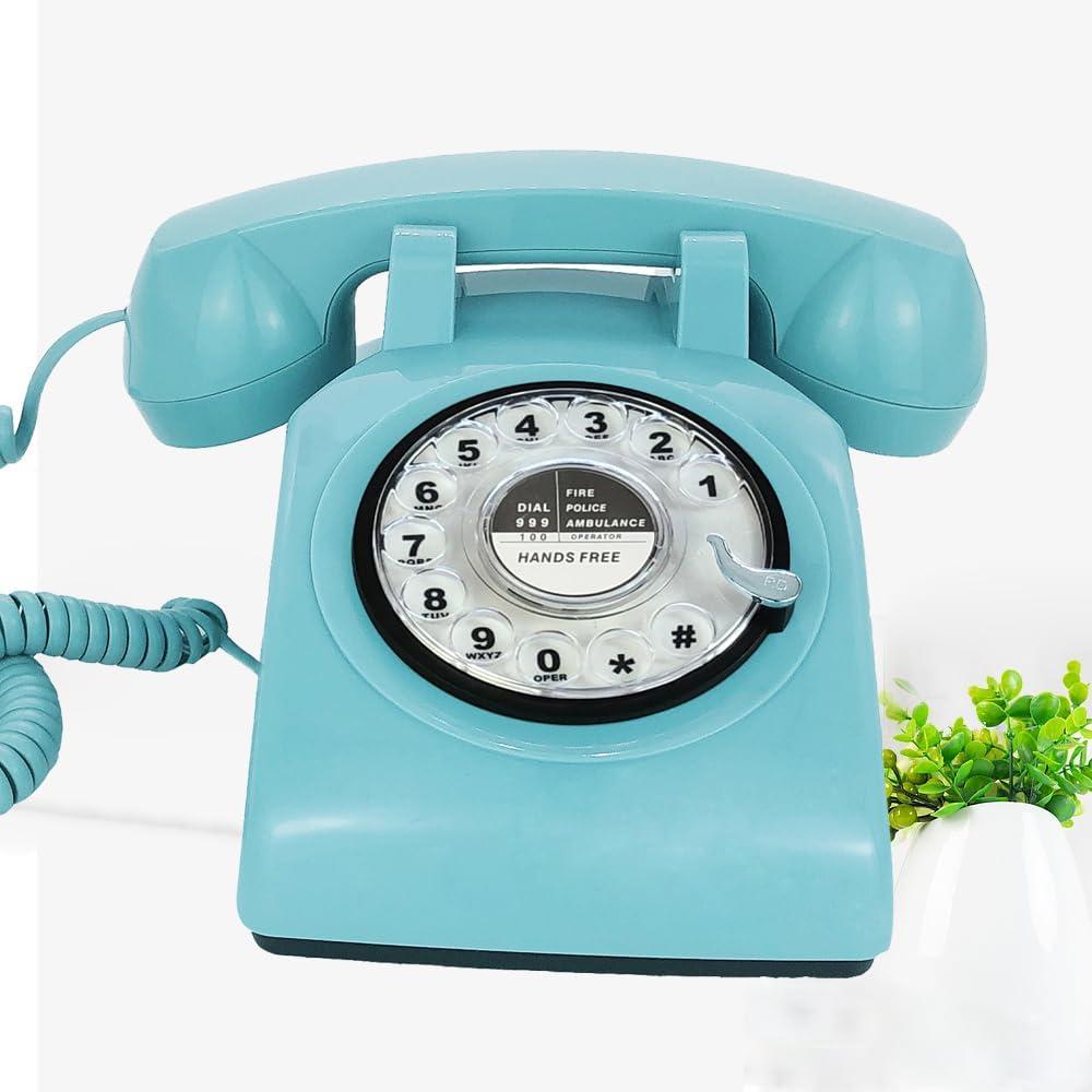 Retro Single Line Corded Desk Telephone Classic Vintage Rotary Dial Hands Free Landline Phone for Home/Office/Hotel, Antique Phones for Seniors Gift (Blue)