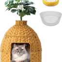 Cat Hidden Litter Box Enclosure Furniture with Cats Bed,Artificial Plants,Handwoven Rattan with Cat Litter Box and Real Stones,in Living Room, Bedroom, CornerNatural