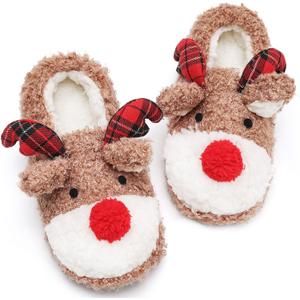 ASHION Women's Cute Fuzzy Reindeer House Slippers Stuffed Animal Bedroom Slippers Cozy Christmas Indoor Shoes (7-7.5)