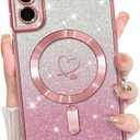 Bonoma Compatible with Samsung Galaxy S21 Plus Case Support for MagSafe, Plating Heart Glitter Magnetic Case TPU Camera Protection Back Cover for Phone Case -Pink
