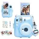 CAIYOULE Clear Case Compatible with Fujifilm Mini 12, Protective Camera Case with Upgraded Photo Storage Pocket, DIY Sticker, Mini Frames, Hard PC - Glitter Blue