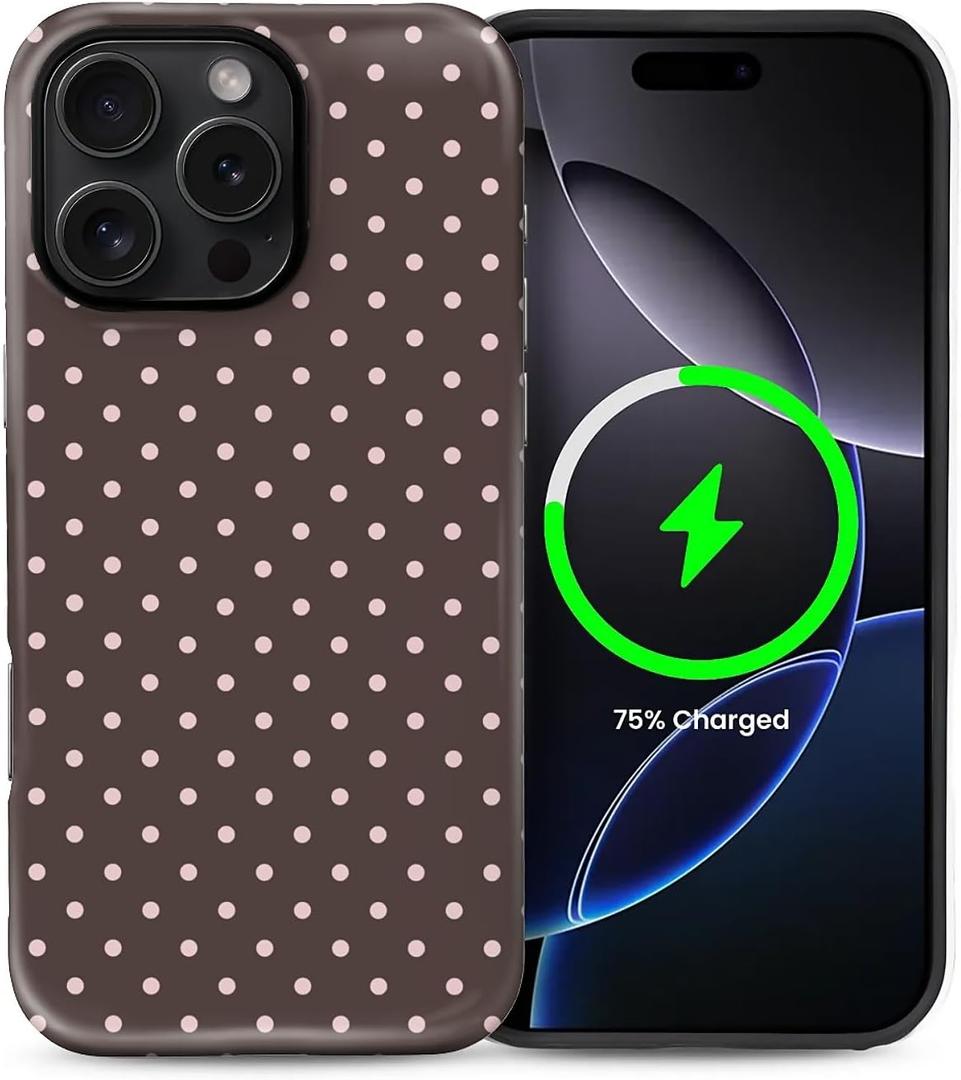 for iPhone 16 Pro Max Case for Women Girl Men Boy, Compatible with MagSafe, Shockproof Soft Silicone & Hard PC Shell Protective Case for iPhone 16 Pro Max - Brown & Pink Polka Dot Cute