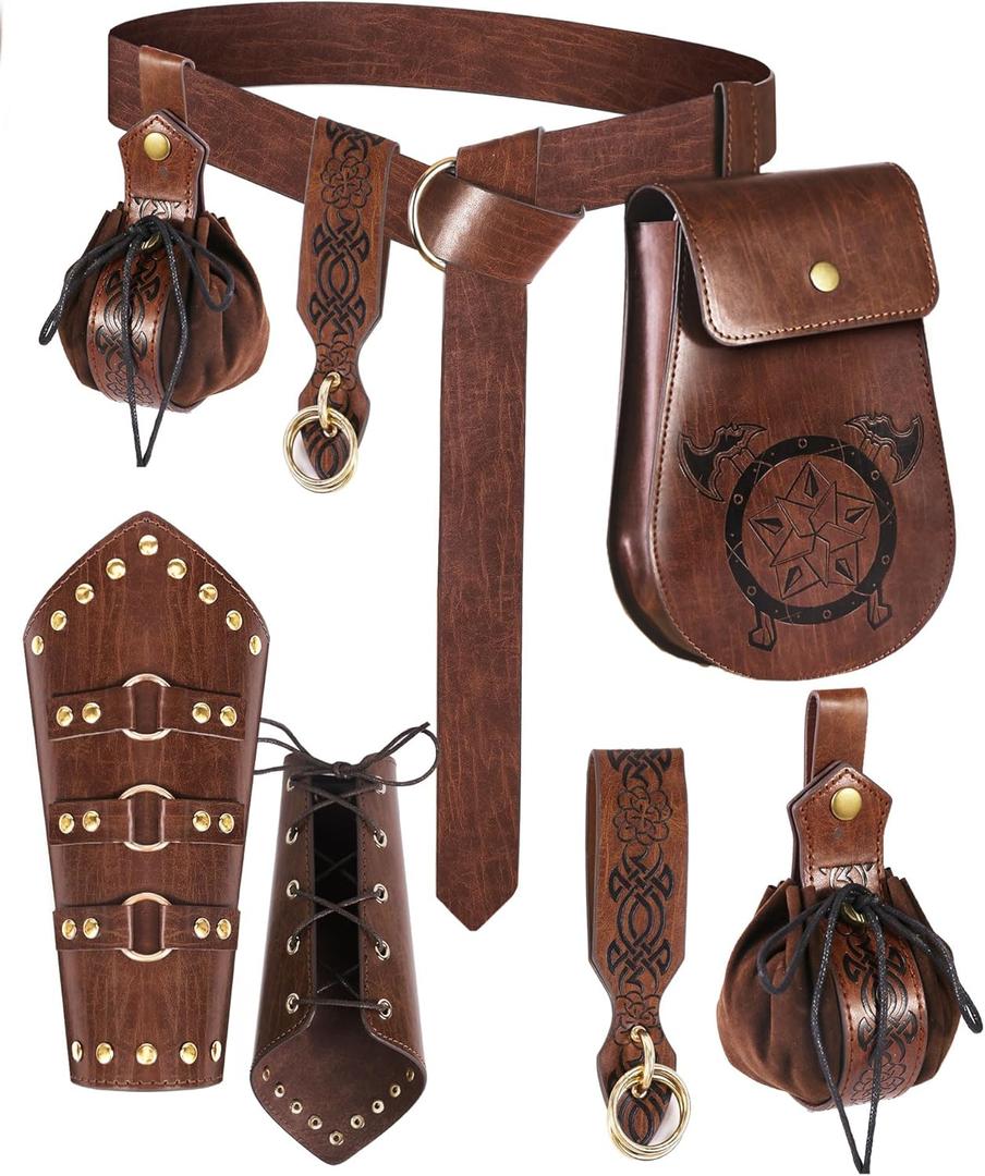 5PCS Renaissance Accessories Medieval Belt Leather Bracers Belt Pouch Keychain Renaissance Costume Set for Halloween