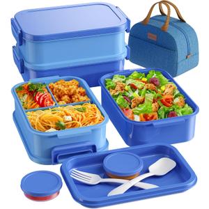KEMETHY Adults Bento Lunch Box Set with Thermo Bag, 74oz Stackable Leak-proof 3-tiers Bento Box, Built-in Utensil and Sauce Container for Work, School, Dining Out (Blue)