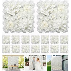 Artificial Flower Wall Backdrop 16pcs 16.5x16.5 Inch Silk Rose Floral Wall Panel Ideal for Wedding Celebrations, Festive Party Backdrops, and Elegant Home Decor-White
