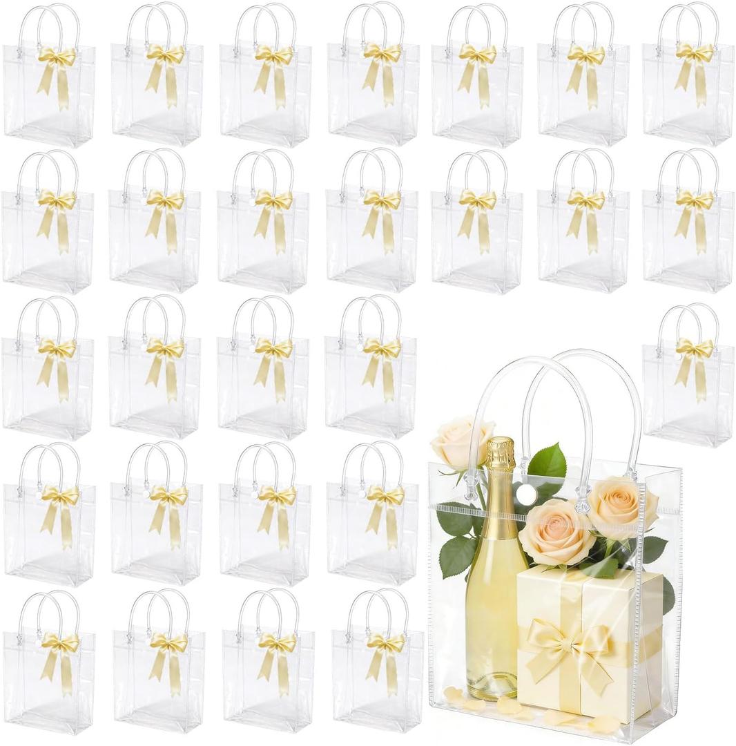 WhizToys 27 PCS Transparent Party Favour Clear Plastic Gift Bags with Handles, 7.9x7.9x3.2Inches, Clear Tote Goodie Bag Bulk PVC Plastic Bags with Handles and Ribbon for Gifts Weddings Birthdays Christmas (1 count (Pack of 27))
