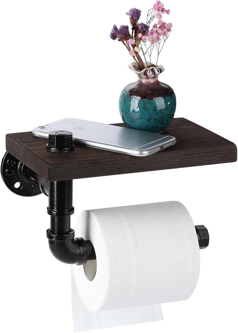 Toilet Paper Holder with Shelf, Industrial Wall Mounted Tissue Roll Hanger with Rustic Wooden Shelf for Bathroom, Washroom (Black)