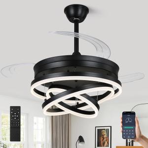 Retractable Ceiling Fan, 42 Inch Chandelier Ceiling Fans with Light, Modern Fandelier Ceiling Fan for Bedroom Living Room Dinning Room, Reverse Motor, 3 Color Temperature, 6 Wind Speed, Black