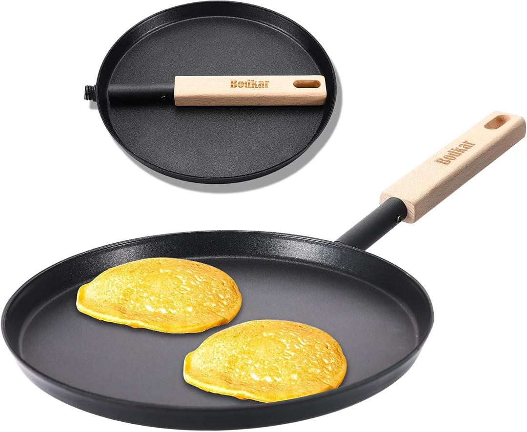 bodkar 8-inch Frying Pan Skillet Flat Crepe Pan, Lightweight Grill Pan with Wooden Handle for Camping Indoor Outdoor Cooking