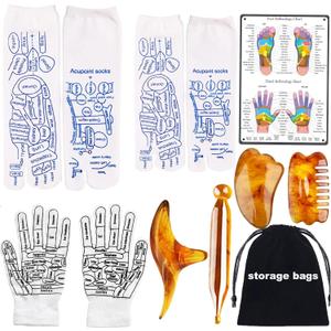 Reflexology Socks with Gloves Tools Set, Foot Massager Socks with 4pc Massage Tool, Socks with Trigger Point Massage Tool, Socks Suitable for Men and Women