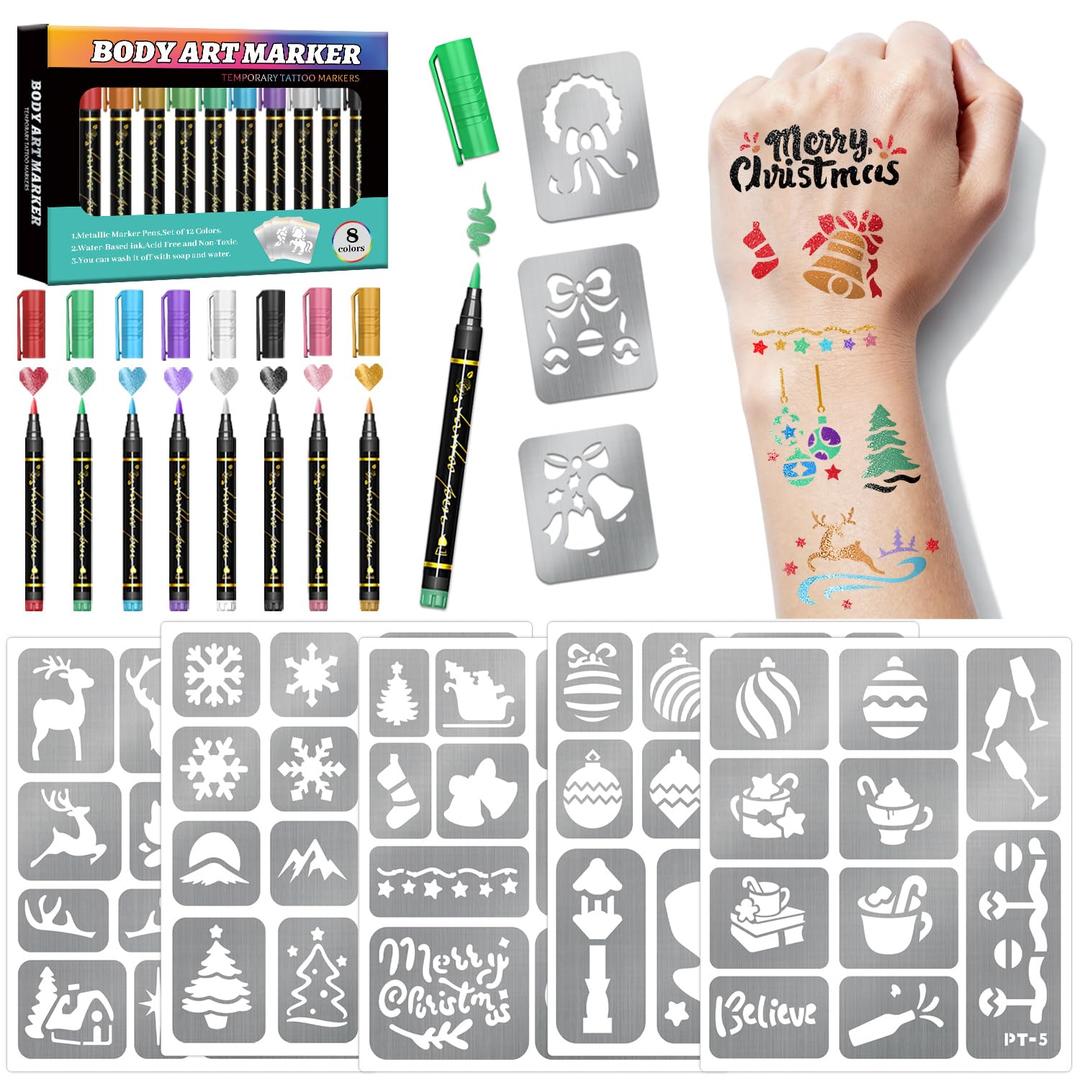 Temporary Tattoo Markers for Skin, 8 Metallic Body Markers + 155 PCS Christmas Face Paint Stencils for Kids Adults Women Men Tattoo Pens for Kids DIY Body Art Party Favor Xmas Gift