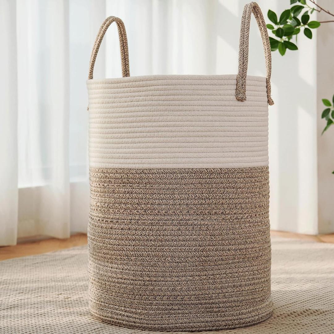 JMvicyroam Large Woven Laundry Basket Hamper,100L Cotton Rope Storage Bin for Blankets,Toys and Clothes,Decorative Tall Nursery Hamper for Living Room,Baby Nursery,Bathroom and Bedroom,Brown