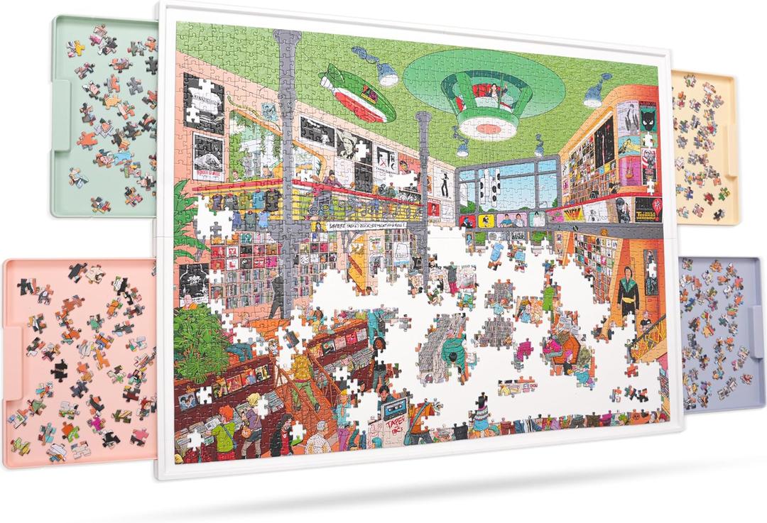 2-In-1 Rotating & Tilting Puzzle Board for 1500Piece Puzzles with 4 Color Drawers and Cover, 32"x24" Portable Spinning Plastic Jigsaw Puzzle Table for Adults