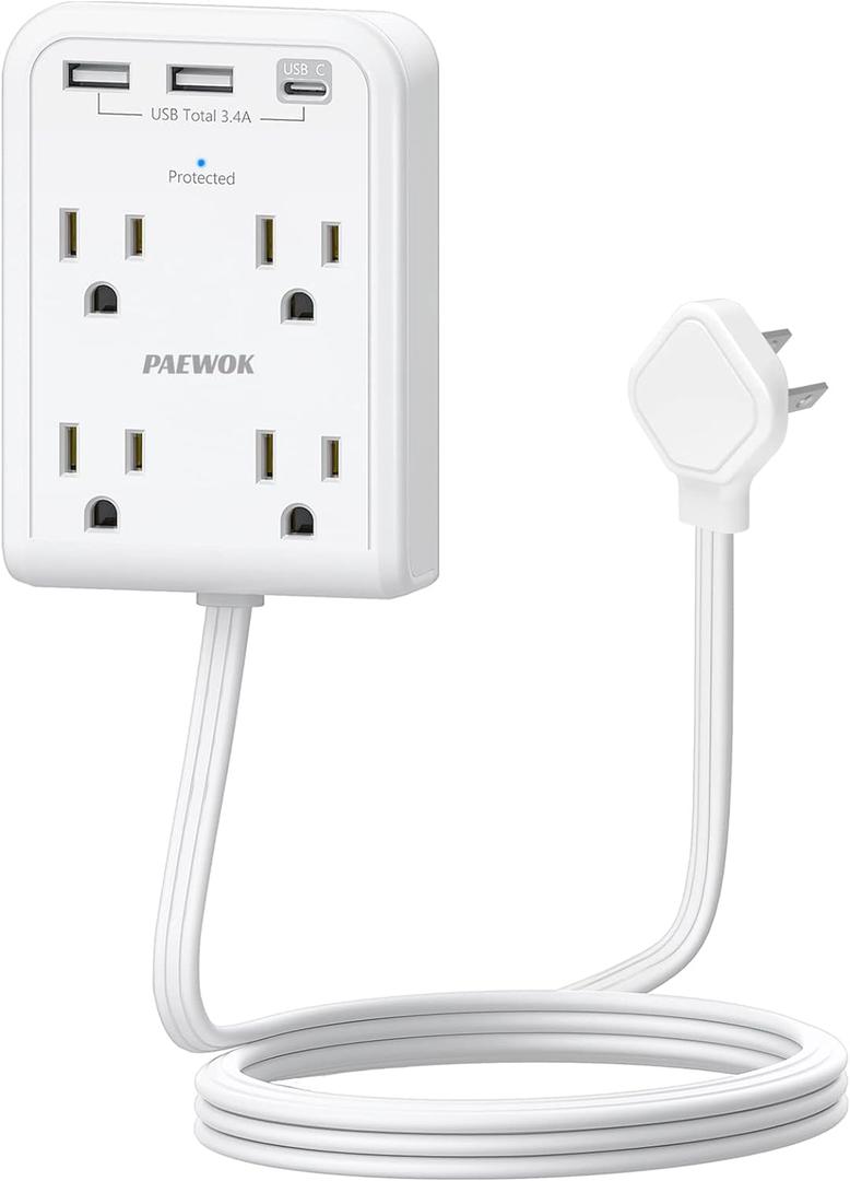 Flat Multi Plug Extender with 3 USB Wall Charger(1 Type C), 4 Outlet Wall Adapter, 4 ft Thin Extension Cord, Flat Plug Surge Protector Power Strip for Home, Office, College Dorm. White