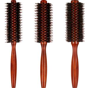 Boao 3 Pieces Boar Bristle Round Hair Brush Set for Women Men Round Drying, Styling, Curling Hair Brush with Wood Handle Quiff Roller(10/12/ 14 Rows)