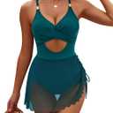 Blooming Jelly Women One Piece Swim Dress Tummy Control Bathing Suits Gold Metal V Neck Swimsuits Tie Back Mesh Swimwear (S,Blue Green) (Green, S)