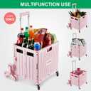 MACOPRO Foldable Utility Cart with Stair Climbing Wheels, Collapsible Rolling Crate with Telescoping Handle, Folding Shopping Trolley Handcart Grocery Book File Tool Teacher Storage Basket (Pink)