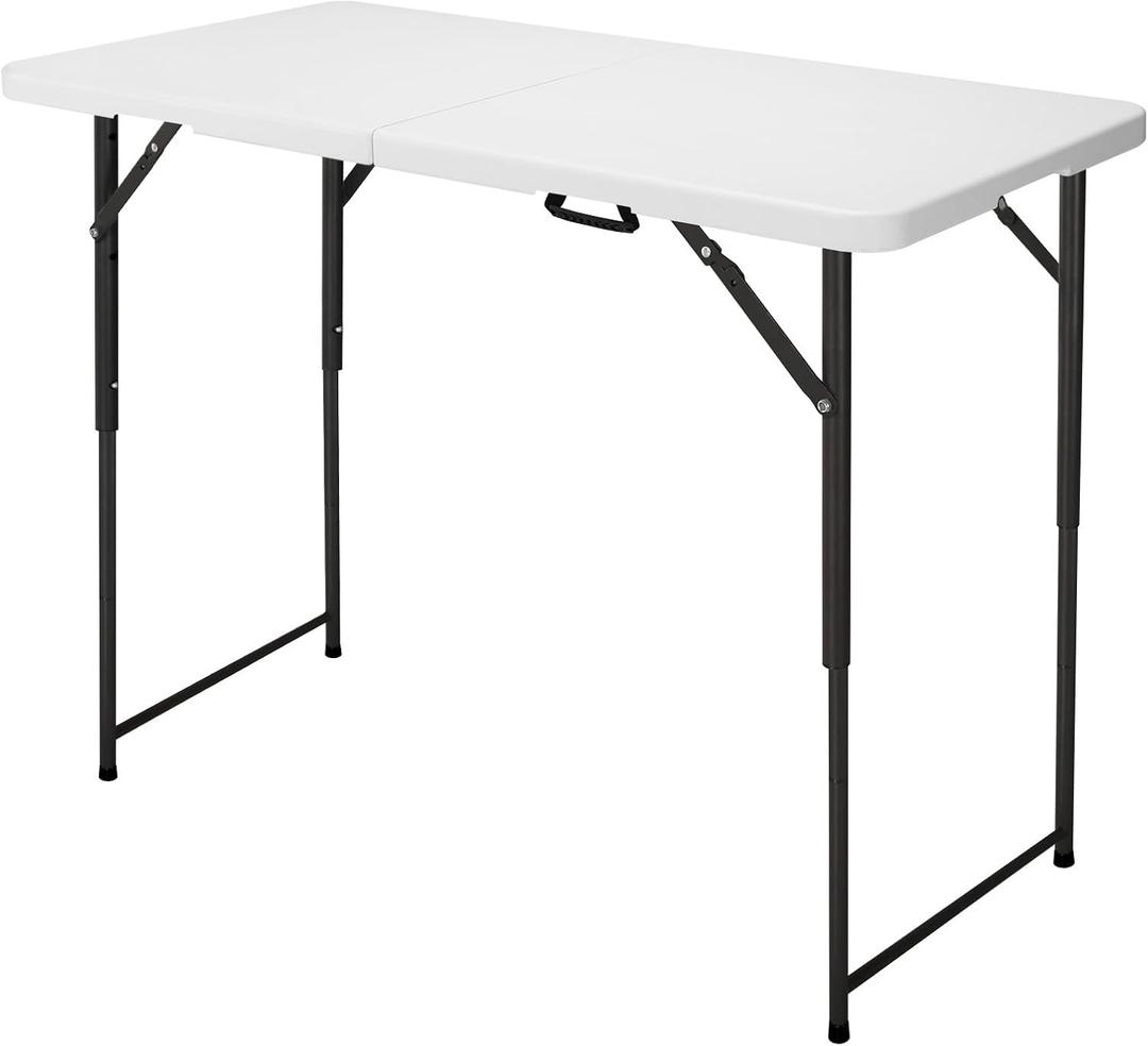 4ft Folding Table, Portable Fold-in-Half Adjustable Height Utility Table for Indoor/Outdoor Use, Durable HDPE & Steel, Stable & Lightweight, Multi-Purpose, White, 24" x 48" x 35.43"