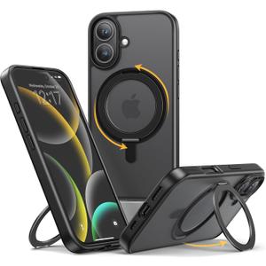 NIMASO for iPhone 16 Case with 360 Spin Magnetic Stand, Compatible with MagSafe, Shockproof Military-Grade Protection Cover, Anti-Yellowing Translucent Matte Phone Case for iPhone 16 (6.1 inch),Black