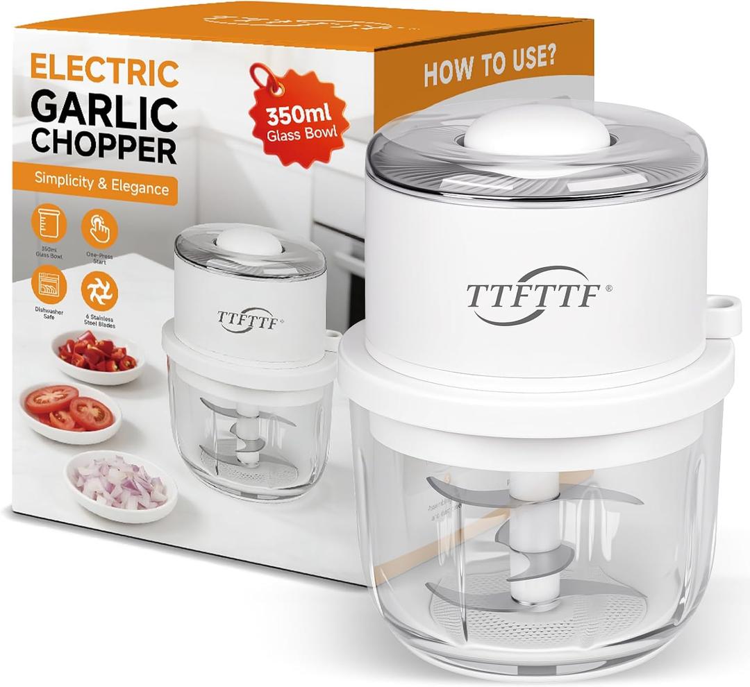 Electric Garlic Chopper, 350ML Glass Bowl Mini Food Processor, Portable Veggie Chopper Onion Garlic Grinder, Wireless Food Processor for Ginger, Chili, Fruit, Meat, etc