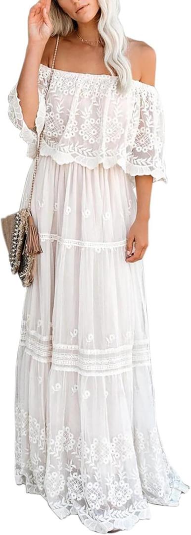 Women's Casual Off Shoulder Lace Maxi Dress Boho White Bridesmaid Wedding Evening Party Dresses (Large)