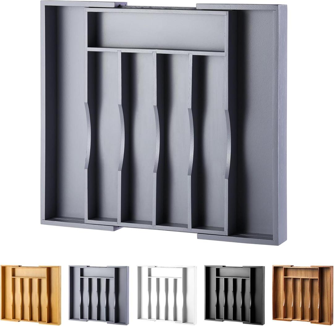 Expandable Bamboo Kitchen Drawer Organizer for Cutlery and Utensils, Adjustable Bamboo Wood Cutlery Tray in Drawer for Flatware and Silverware in Kitchen, (Grey) (7 Slots Expandable)