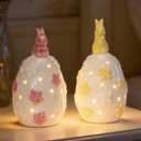 WDS WONDROUS Light Up Easter Decorations Bunny and Egg Figurines Set, LED White Easter Spring Home Decor, Ceramic Rabbit Egg Sculpture for Farmhouse Tabletop Centerpiece Wedding Gifts 2PCS