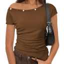 SHEWIN Women Tops Summer Short Sleeve Shirts Dressy Casual Sexy Boat Neck Tshirt Trendy Date Night Off Shoulder Blouses 2026 Going Out Clothes Size L, Brown (Brown, L)