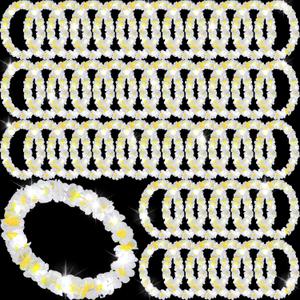 Sherr 48 Pcs LED Hawaiian Leis Light up Flower Leis Necklace with LED Lights Luau Flowers Necklaces for Masquerade Beach Wedding Tropical Themed Party Supplies(White with Yellow)