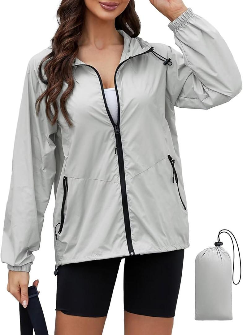 PITINAN Lightweight Rain Jacket Women Packable Wind Breaker Light Rain Jacket Women Waterproof Travel Raincoat (S, Grey)