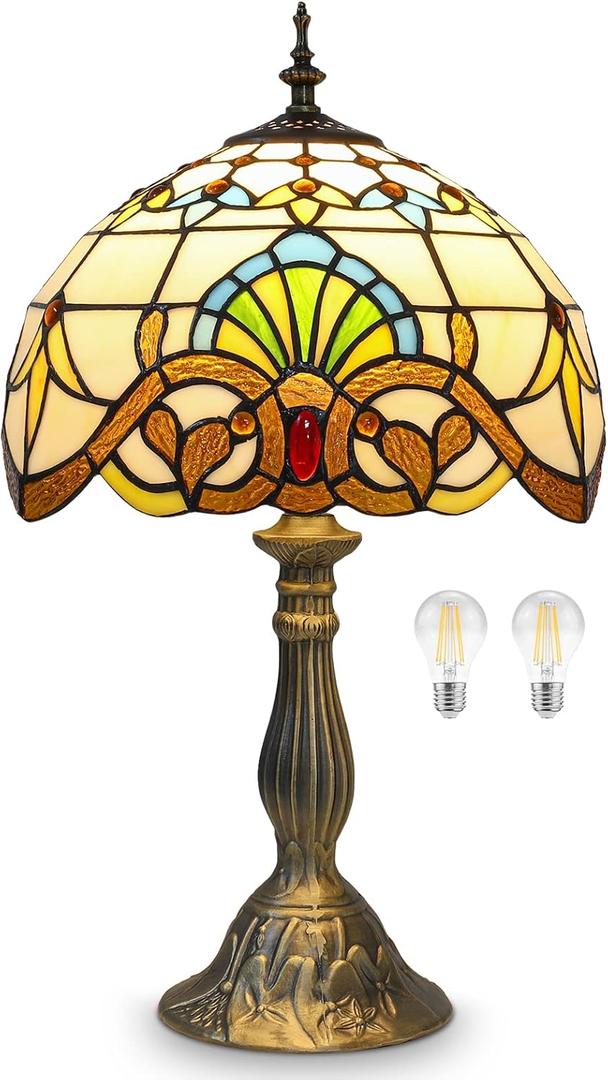 YingJu Tiffany Lamp,Yellow Stained Glass VintageTable Lamp,12X12X19 Inches Baroque Style Desk Lamp for Bedroom,Living Room,Home Office (Including LED Bulbs)