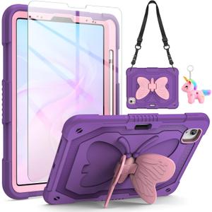 for iPad Air 5th/4th Generation Case with Screen Protector, for iPad Pro 11 Inch Case Butterfly Stand Strap Dolls Pencil Holder Kids Girls Hard Cover for iPad Air 4th 5th 10.9/iPad Pro 11 2022-Purple