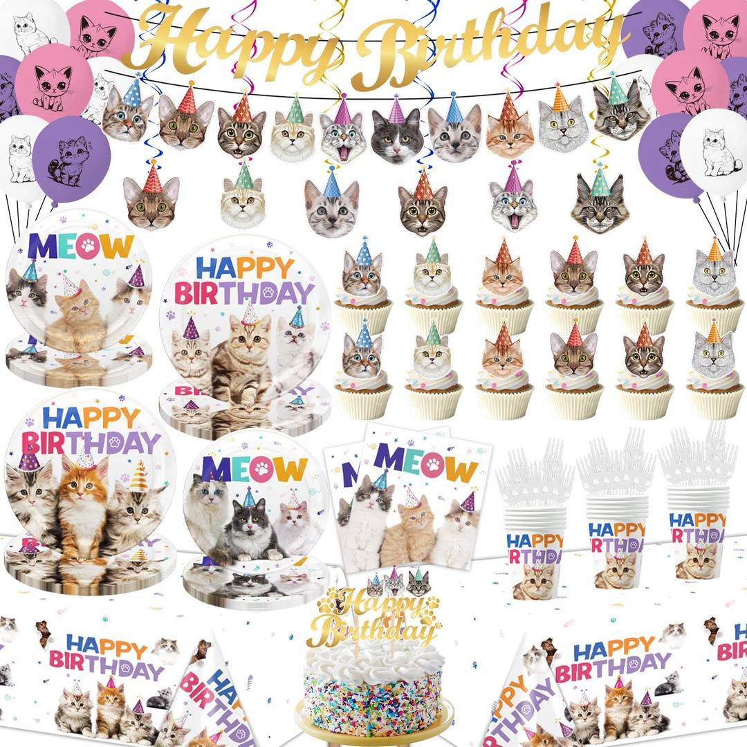 Cat Birthday Decorations Tableware 136Pcs Meow Happy Birthday Party Supplies Include Banner Plates Napkins Cups Forks Hanging Swirls Cupcake Toppers Cake Topper and Waterproof Tablecloth