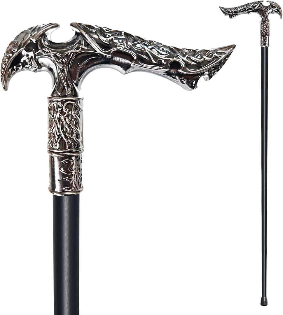 Walking Cane for Men & Women & Seniors - 36.5 Inch Heavy Duty 500+ lbs Capacity, Ergonomic Handle, Ornate & Decorative, Elegant Matte Black & Silver Metal Cane with Goth & Gothic Aesthetic