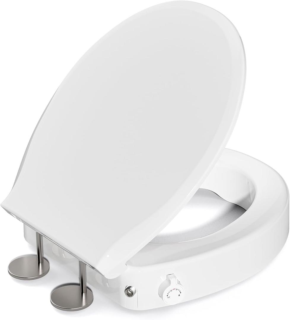BIGCOW Raised Toilet Seat with Bidet - Round, Soft Close, 3" Height - Dual Nozzle (Frontal & Rear Wash) with Adjustable Cold Water Pressure and Stainless Steel Inlet (Round)