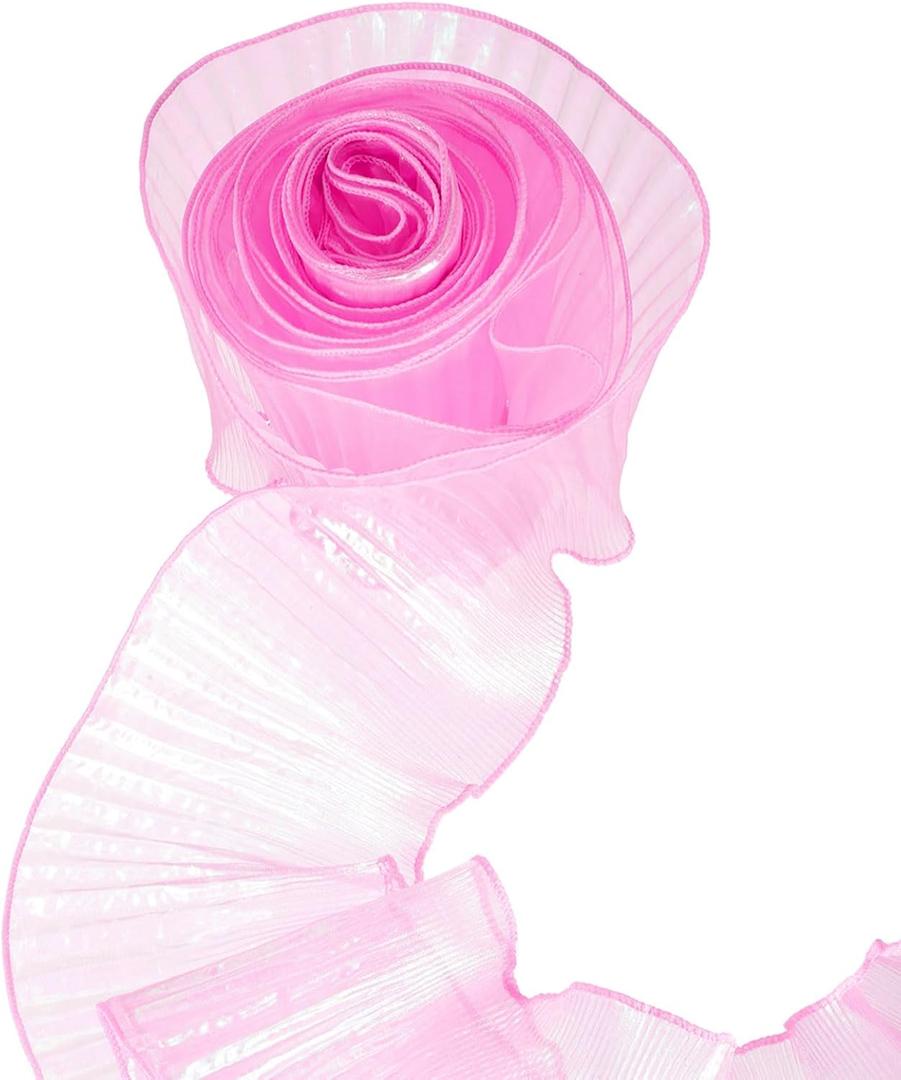 uxcell 5.5" x 11 Yards Ruffle Pleated Organza Trim Iridescent Pleated Lace Trim Ribbon Sewing Lace Fabric Trim for DIY Craft Dress Clothing Wedding Gift Home Decoration, Dark Pink