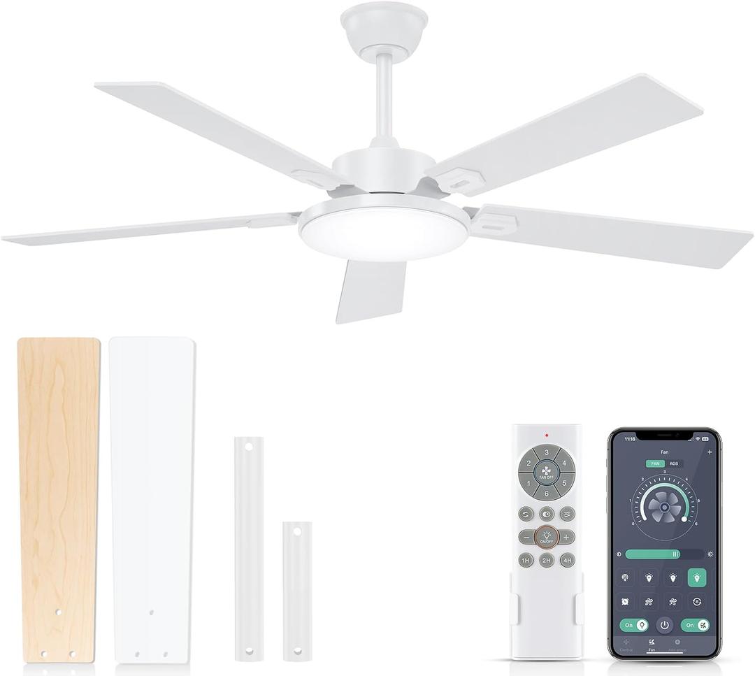 Ceiling Fans with Lights,52 inch Ceiling Fan with Light and Remote,6 Speeds,Reversible,3CCT,DimmableNoiseless,White Ceiling Fan for Bedroom,Living Room,Home Office