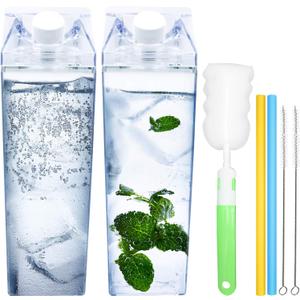 4 x 2 Pack 33oz Milk Carton Water Bottle -Clear Square Milk Bottles BPA Free Portable Water Bottle with Straws & Cleaning Brush and Bottle Brush for Outdoor Sports Travel Camping Activities(H06)