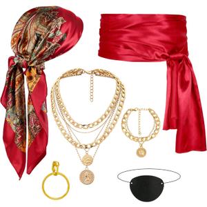 CICOCI Men Pirate Costume Accessories Set for Women: Pirate Hat, Head Scarf, Sash, Belt, Dress Accessories - Gold (Red)