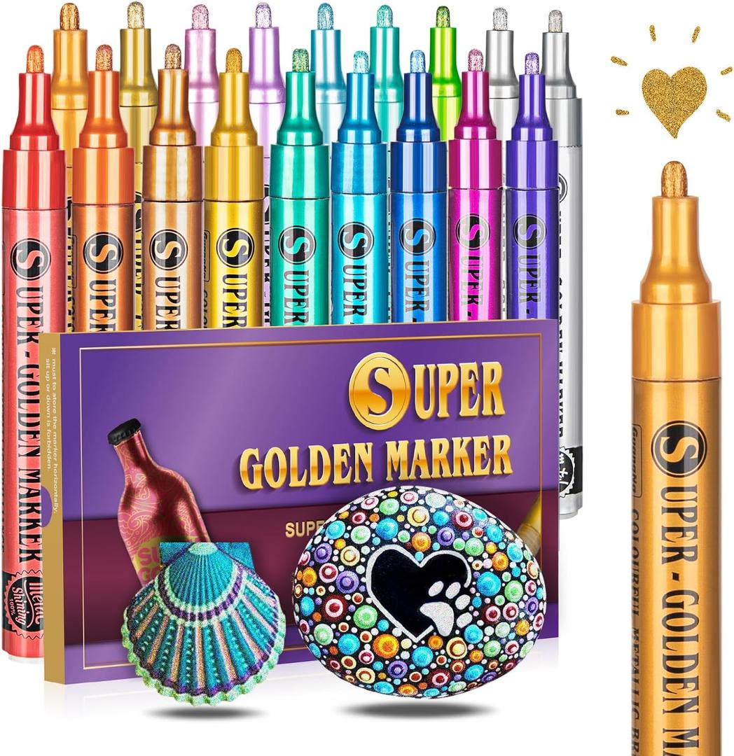 Super Golden Metallic Paint Markers, 18 Colors Sparkle Metallic Glitter Markers, Acrylic Paint Pens for Rock Painting, Glass, Wood, Fabric, Black Paper, Cards, Scrapbook, DIY Art Crafts (2-3mm)