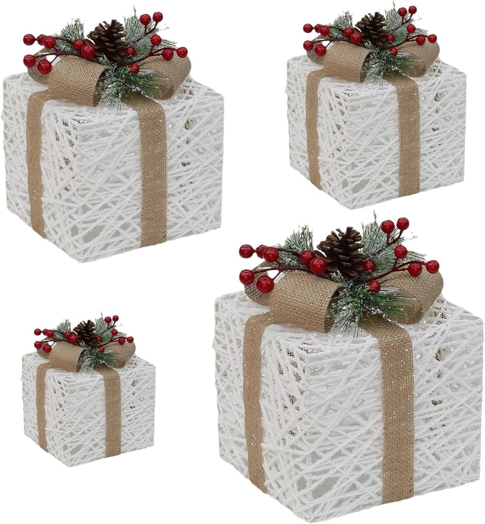 4PCS Boxes Set Iron Frame Hollow Christmas Boxes with Linen Bow LED Christmas Decorations with Natural Ornaments for Christmas, Christmas Decorations Indoor